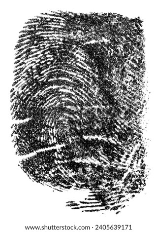 Single black fingerprint made with ink on a white background. Real fingerprint, top view.