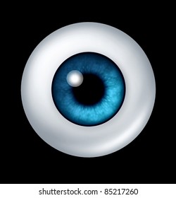 Single blue human eye ball with iris and retina lens representing the organ of sight and the medical profession of optometry to see if eye glasses or contact lenses are medically prescribed.