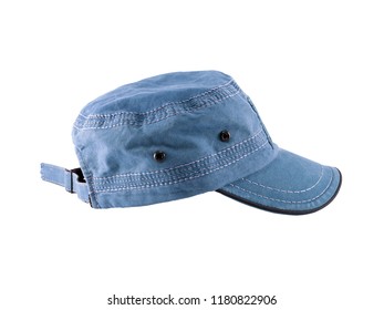 Single Blue Jean Cap (trucker Hat) Isolated On White Background, Casual Fashion Cap Sportswear Style, Close Up Side View