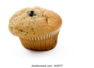 A Single Blueberry Muffin On A White Background