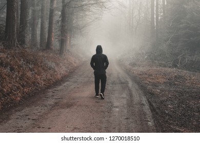 single boy walking through a forest landscape in a country footpath