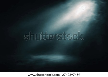 A single, bright beam of light cuts through a dark, smoky environment, creating an ethereal and mysterious mood.