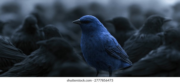A single bright blue bird is the focal point, surrounded by a crowd of darker birds. The lighting is dim and atmospheric.