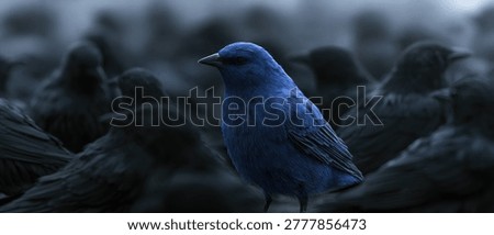 A single bright blue bird is the focal point, surrounded by a crowd of darker birds. The lighting is dim and atmospheric.