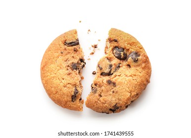 Single Broken Chocolate Chip Cookie Isolated On White Background. Top View.