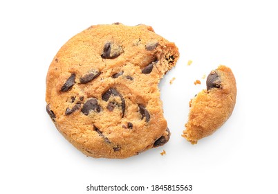 Single Broken Chocolate Chip Cookie Isolated On White Background. Top View.