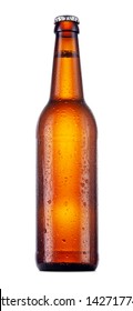 Single Brown Bottle Of Beer With Condensation Drops Isolated On White Background