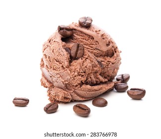 Single Brown Ice Cream Scoop With Coffee Beans Isolated On White Background