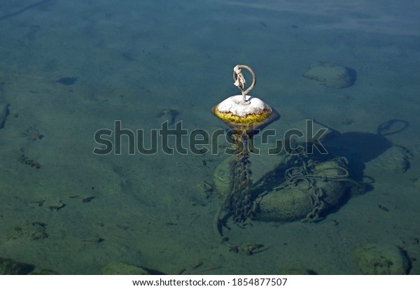 A single buoy, fixed by a chain to an old\
car tyre, floating on the translucent green surface of lake Geneva\
in Switzerland.