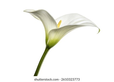 A single calla lily, elegantly presented against a stark black background. The flower's delicate white petals and yellow spadix are highlighted.
