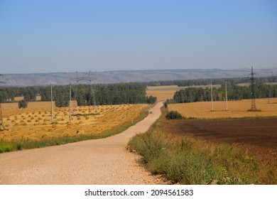 Single Car Driving By Empty Road Between Fields. Countryside Landscape.