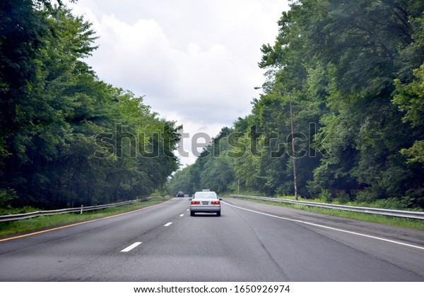 Single car driving to its destination through
valley of beautiful
trees