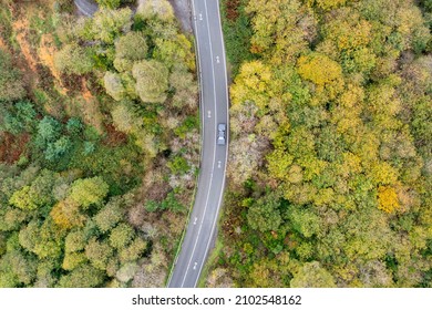 A Single Car Driving Through A Lone Forest