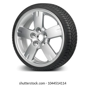 Single Car Wheel Isolated On White Background. Low-profile Rubber Tire With Shiny Wheel.