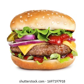 Single Cheeseburger Isolated On White Background