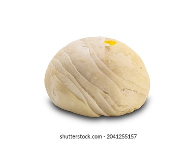 Single Chinese Pastry Or Moon Cake Filled With Mashed Mung Bean And Salted Egg Yolk On White Background With Clipping Path.