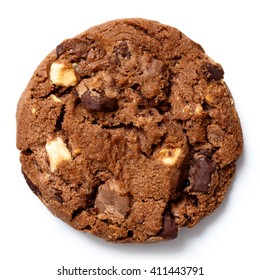 Single Chocolate Chip Cookie Isolated On White From Above.