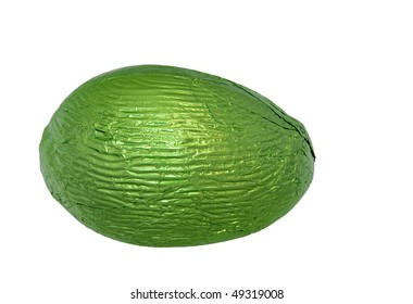 Single Chocolate Easter Egg Isolated On White Wrapped In Shiny Green Foil