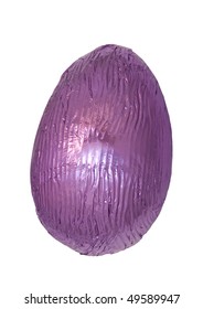 Single Chocolate Easter Egg Isolated On White Wrapped In Shiny Purple Foil