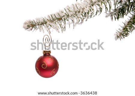 A single Christmas ornament on a snow covered branch.