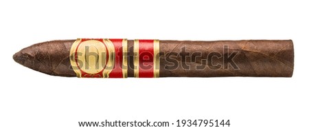 Single cigar. Handcrafted Brown cigar made with real tobacco leaves. Smoking causes addiction and cancer. Nicotine Damage your health. Macro close up cigars from Cuba Havana. White isolated background