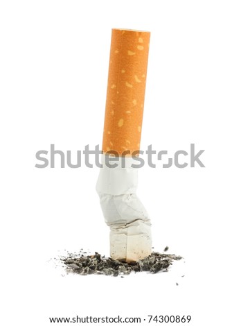 Single cigarette butt with ash isolated on white background