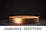 Single, circular, golden cylinder sits on a black surface. Premium photo mockup for product photography purposes.