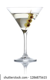 Single Classic Dry Martini With Olives Isolated On White Background