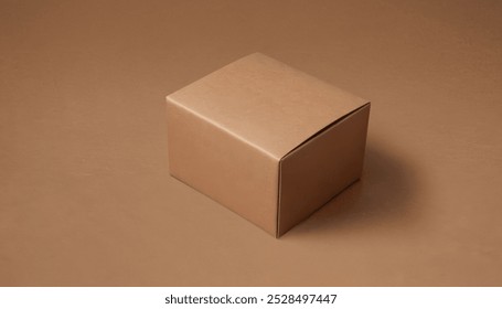 Single closed, brown cardboard box on a brown background. Premium photo mockup for elegant and clean cardboard box product.