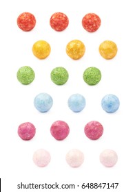 Single Colored Foam Ball Or A Corn Cereal Candy Isolated Over The White Background, Set Of Six Different Foreshortenings For Three Color Variations