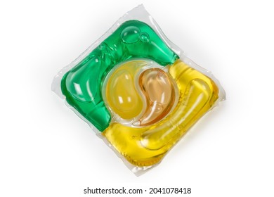 Single Colored Laundry Detergent Pod On A White Background, Top View
