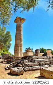 Single Column From The Temple Of Zeus In Olympia, Greece.