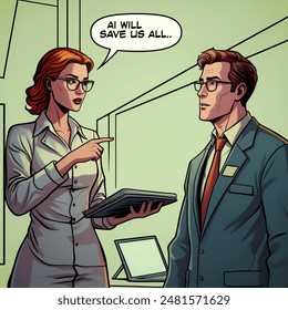 A single comic book panel of a data scientist and product manager. A speech bubble points from the data scientist's mouth and says: "AI will save us all". Muted, late 1980s coloring style
