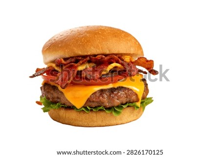 A Single Complete Bacon Cheeseburger With Toasted Isolated On White Background