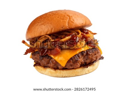 A Single Complete Bbq Bacon Cheeseburger With Toas Isolated On White Background