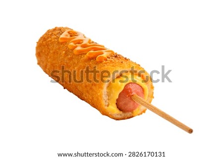 A Single Complete Cheese Corn Dog With Golden Cris Isolated On White Background