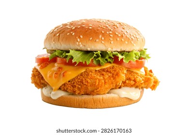 A Single Complete Crispy Chicken Burger With Toast 1 Isolated On White Background