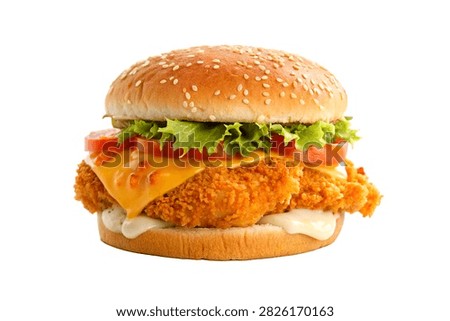 A Single Complete Crispy Chicken Burger With Toast 1 Isolated On White Background