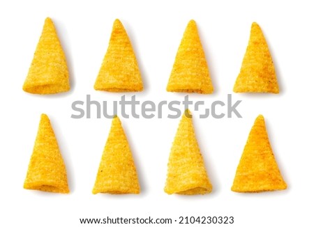 Single corn cone set isolated. Bugles chips collection, puffs with spices, crunchy puffed snacks, salty corn cones