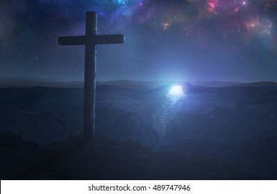 A single cross with the empty tomb in the background - Shutterstock ID 489747946