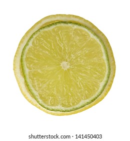 Single cross section of lemon and lime. Isolated on white background. Close-up.