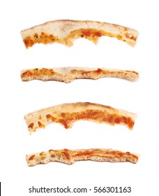 Single crust of a pizza slice isolated over the white background, set of four different foreshortenings