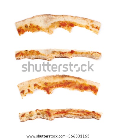 Single crust of a pizza slice isolated over the white background, set of four different foreshortenings