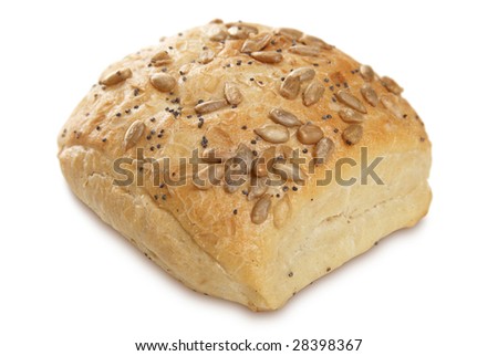 A single crusty bread cob on white. Narrow depth of focus