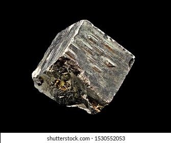 Single Cube Of Pyrite Or Fool's Gold Isolated Against A Black Limbo Background