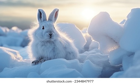 single cute arctic hare relax on snow. clean and bright white snowfield background with golden sun light. beautiful polar scenery.