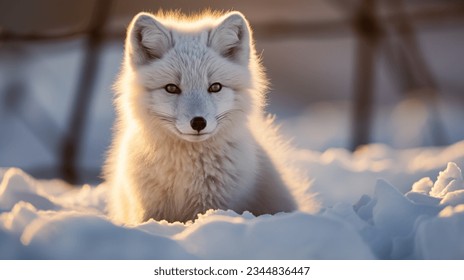 single cute little arctic fox relax on snow. clean and bright white snowfield background with golden sun light. beautiful polar scenery. 