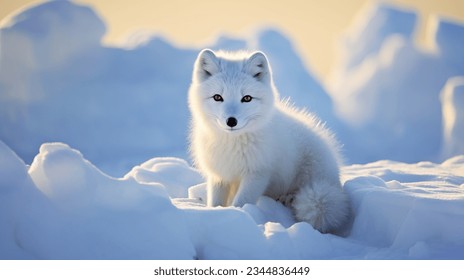 single cute little arctic fox relax on snow. clean and bright white snowfield background with golden sun light. beautiful polar scenery. 