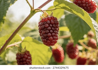A single, deep red raspberry cluster is in sharp focus, surrounded by blurred green leaves and other berries on a sunny day