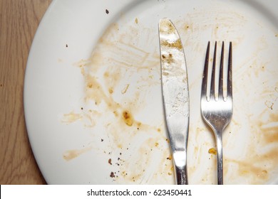 Single Dirty Dinner Plate On Table Top Looking Down From Above